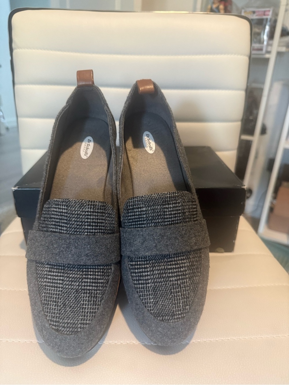 Dr. Scholl's Gray Textile Loafers with Brown Pull Tabs